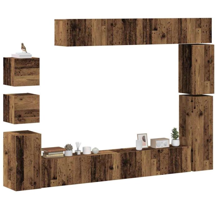 Ensemble de meuble TV mural 9 pcs vieux bois bois d'ingénierie – Image 1