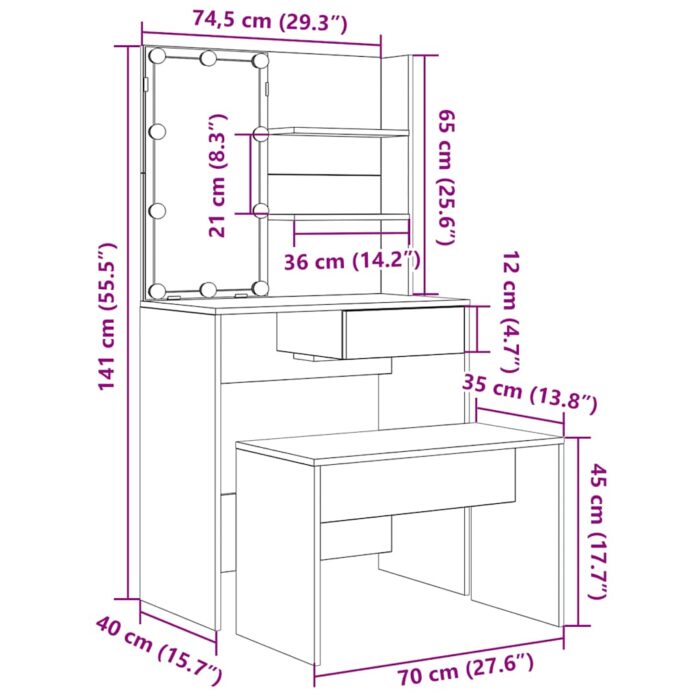 Ensemble de coiffeuse avec LED vieux bois bois d'ingénierie – Image 8