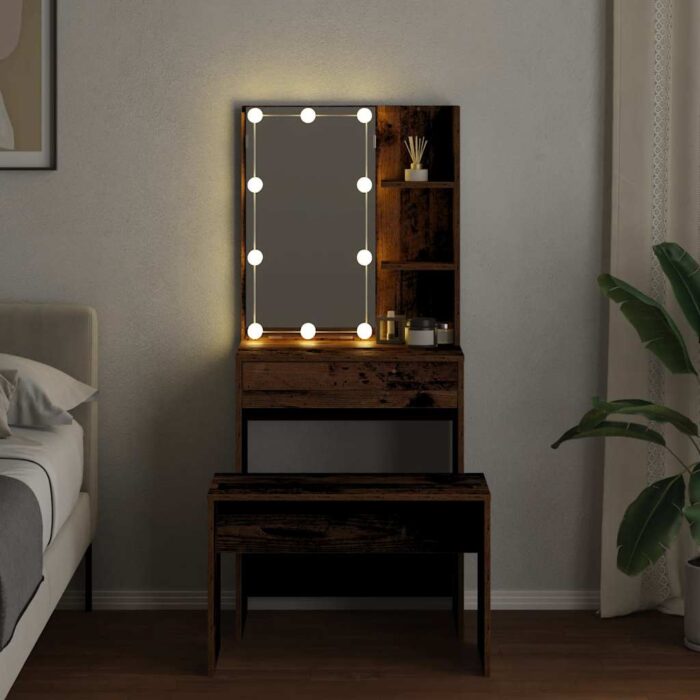 Ensemble de coiffeuse avec LED vieux bois bois d'ingénierie – Image 2