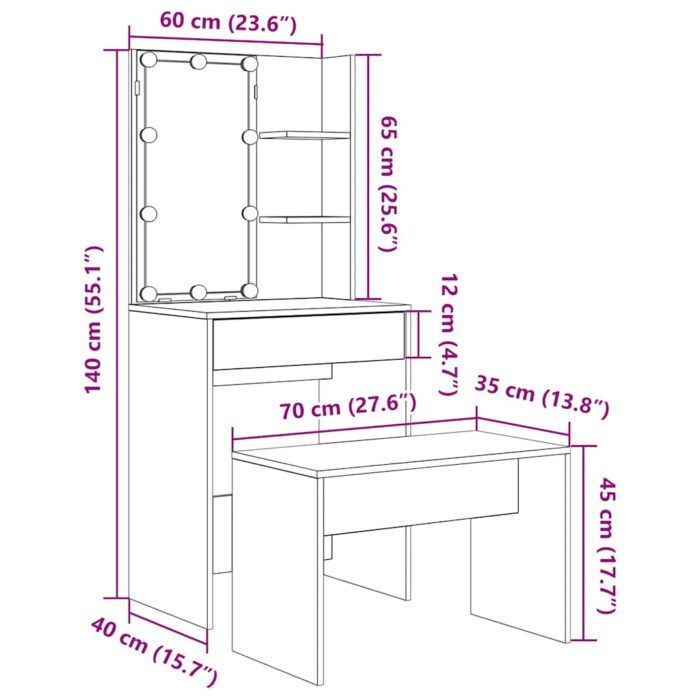Ensemble de coiffeuse avec LED vieux bois bois d'ingénierie – Image 8