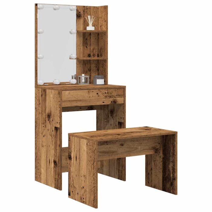 Ensemble de coiffeuse avec LED vieux bois bois d'ingénierie – Image 1